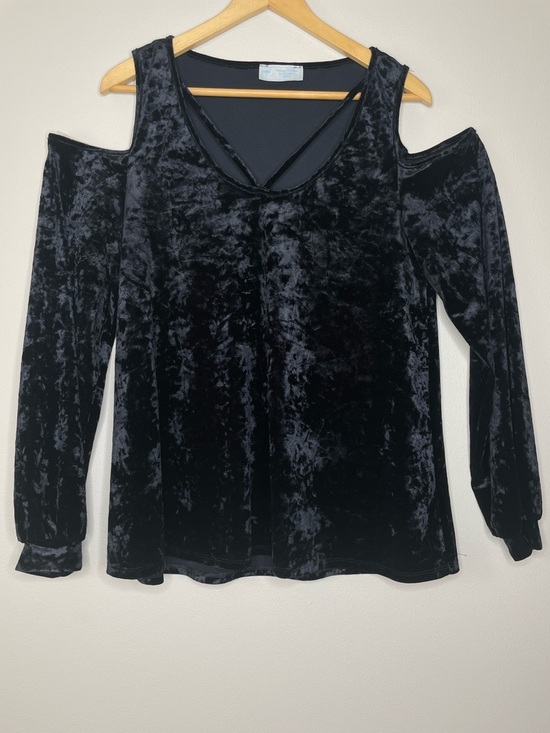 Boutique Brand Tops - Black Crushed Velour Caged Cold-Shoulder Long Sleeve Knit Top
